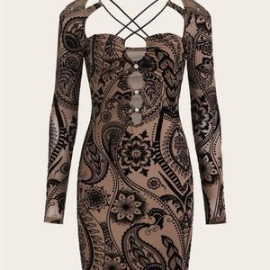 SHEIN ICON Paisley Print Crisscross Front Cold Shoulder Bodycon Dress
